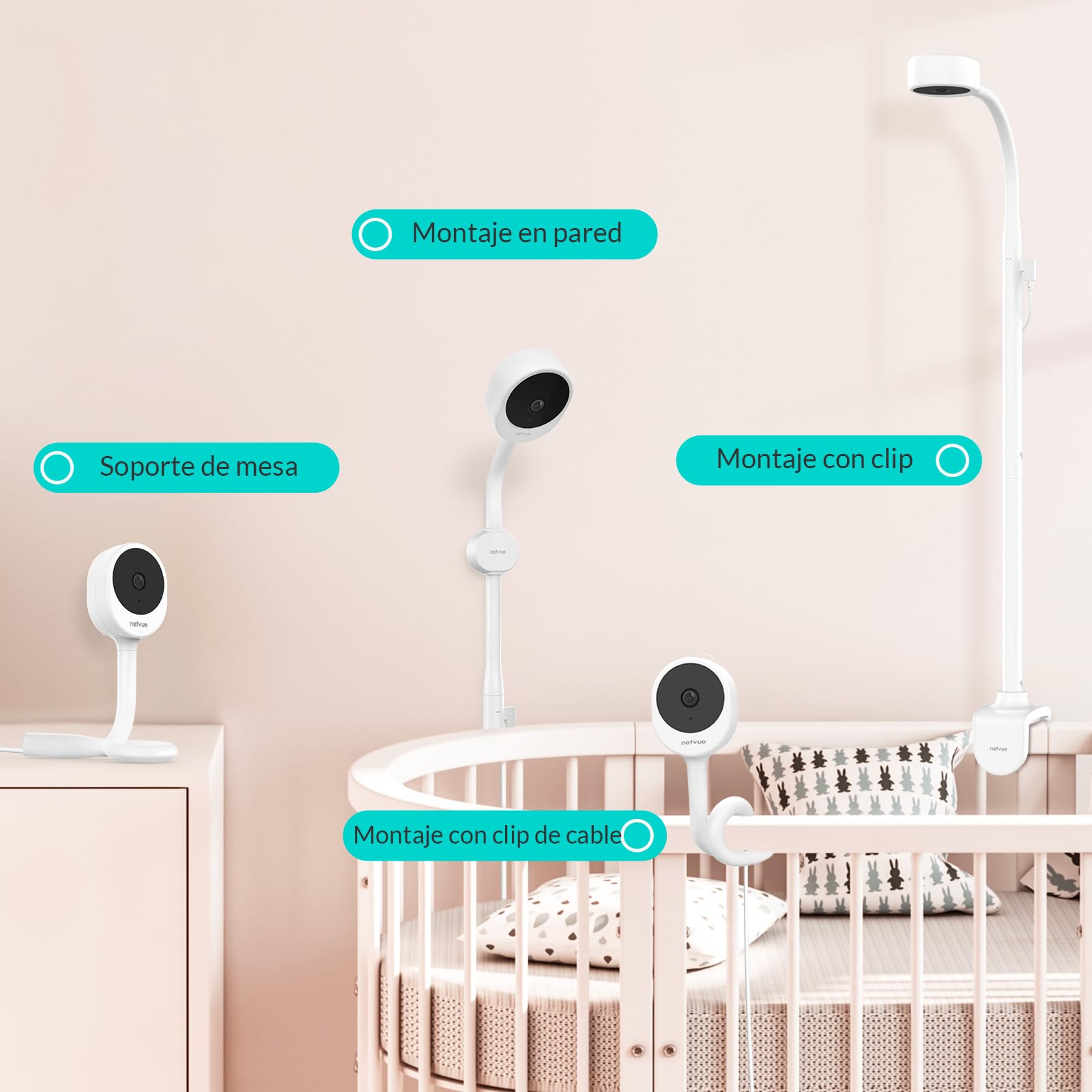 NETVUE Camara Vigilancia Bebe con Soporte 4 en 1, Inalámbrico 5000mAh 5" Vigilabebes con Camara, Baby Monitor con App, Visión Nocturna, Audio Bidireccional, VOX, Detección de llanto, sin WiFi