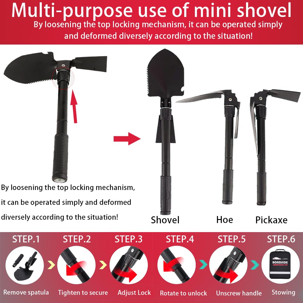 LIANXIN Emergency Roadside Kit for Car - Roadside Safety Tool Kit,with Jumper Cables Car Kit Headlamp Folding Shovel Safety Hammers Tow Rope, Emergency Roadside Car Kit
