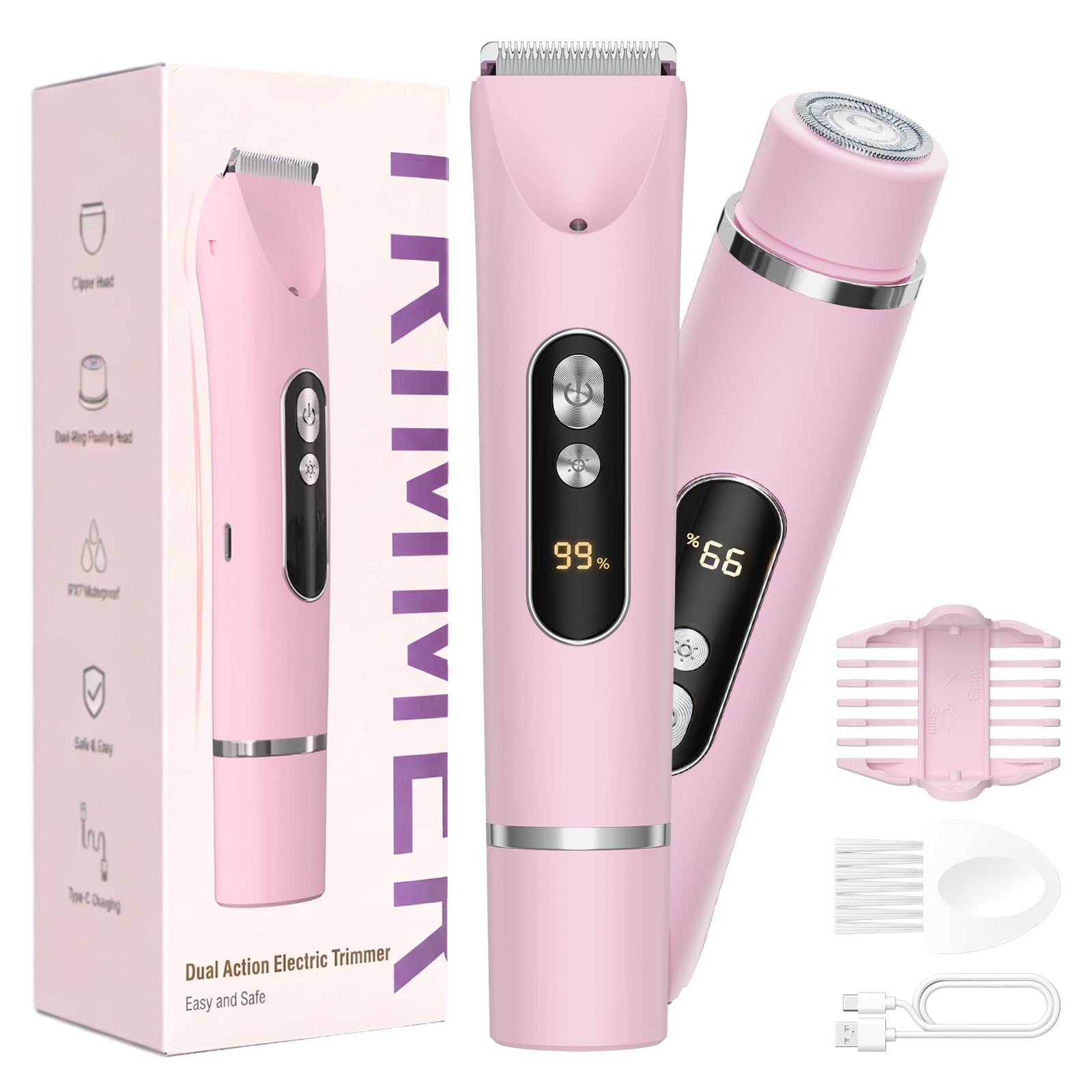 Rasoio Donna 2 in 1 Elettrico, Doppia Testina con Ricarica Type-C, IPX7 Impermeabile, Rasoio Corpo Donna per Gambe, Ascelle e Zona Bikini, Uso Bagnato e Asciutto