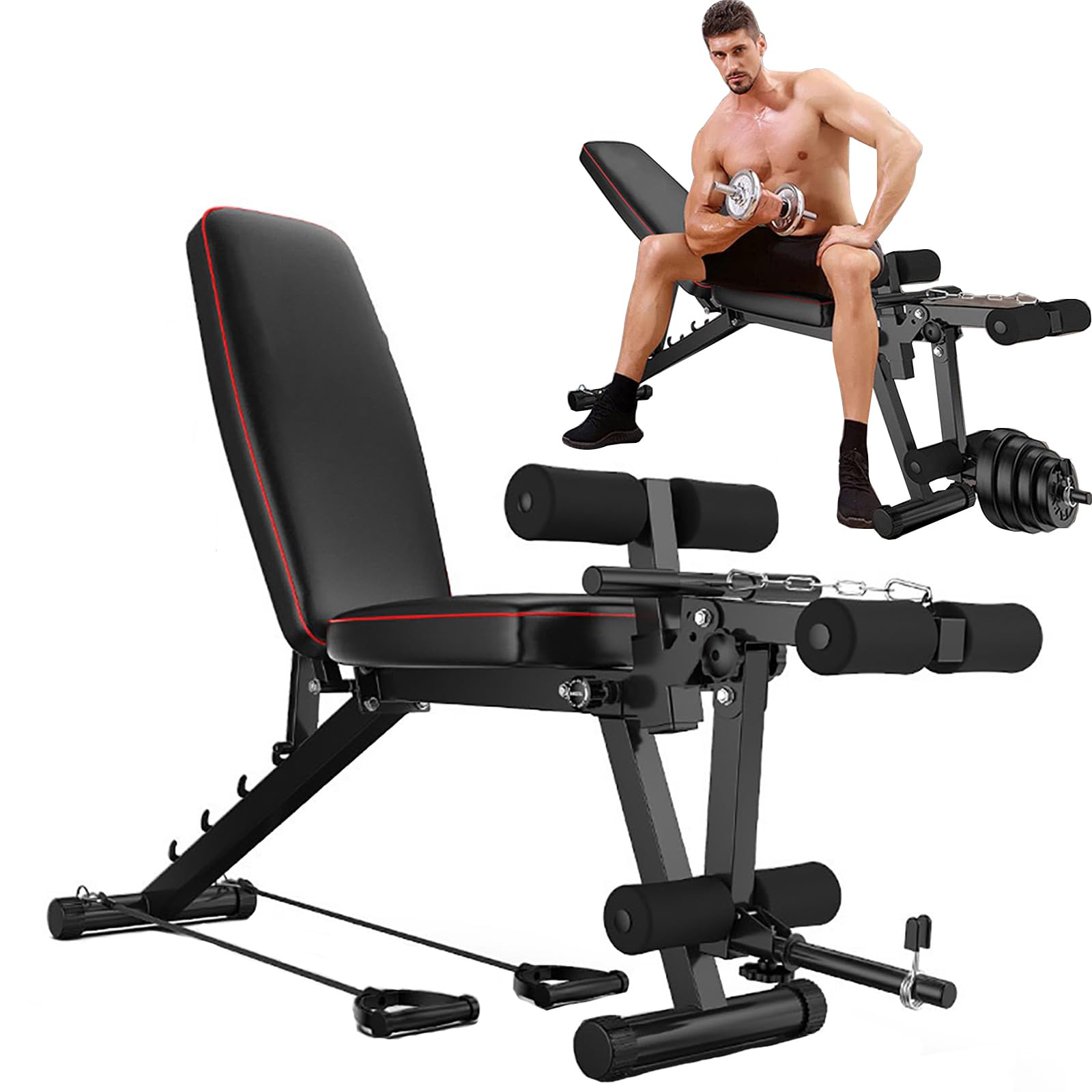 Ławka do ćwiczeń Trening Fitness Gym Regulowana ławka do domowej siłowni, Wiele ciężarków do ćwiczeń, Regulowane oparcie z 5 biegami, Wielofunkcyjna składana ławka, Składana ławka z hantlami z elastyc