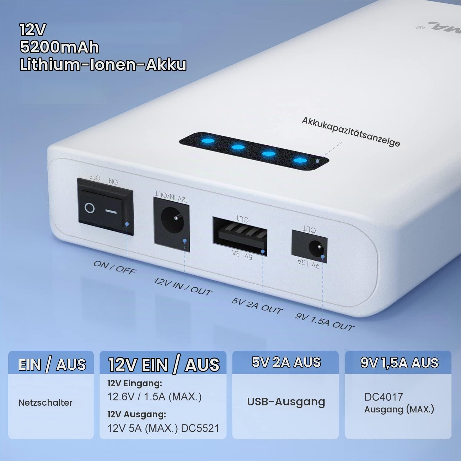 NASTIMA 12V 5200mAh 57,72Wh Lithium-Ionen-Akku Powerbank mit 12V Ausgang 9V DC und 5V USB Dual-Ausgang für LED-Streifen, CCTV-Kameras, Camcorder, Ferngläser usw, mit Ladegerät