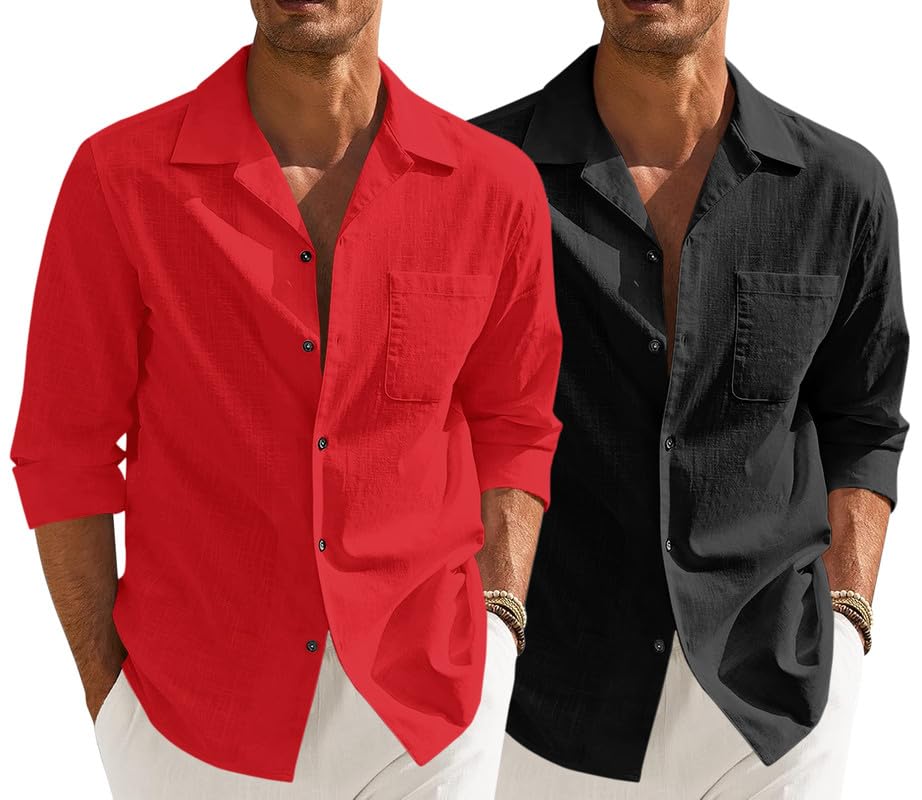 Image of Combo of Men's Casual Cotton Blend Shirt || Long Sleeve Button Down with Spread Collar | Lightweight Breathable Fabric | Stylish Solid Shirt for Beach, Office & Everyday Wear Pack of 2
