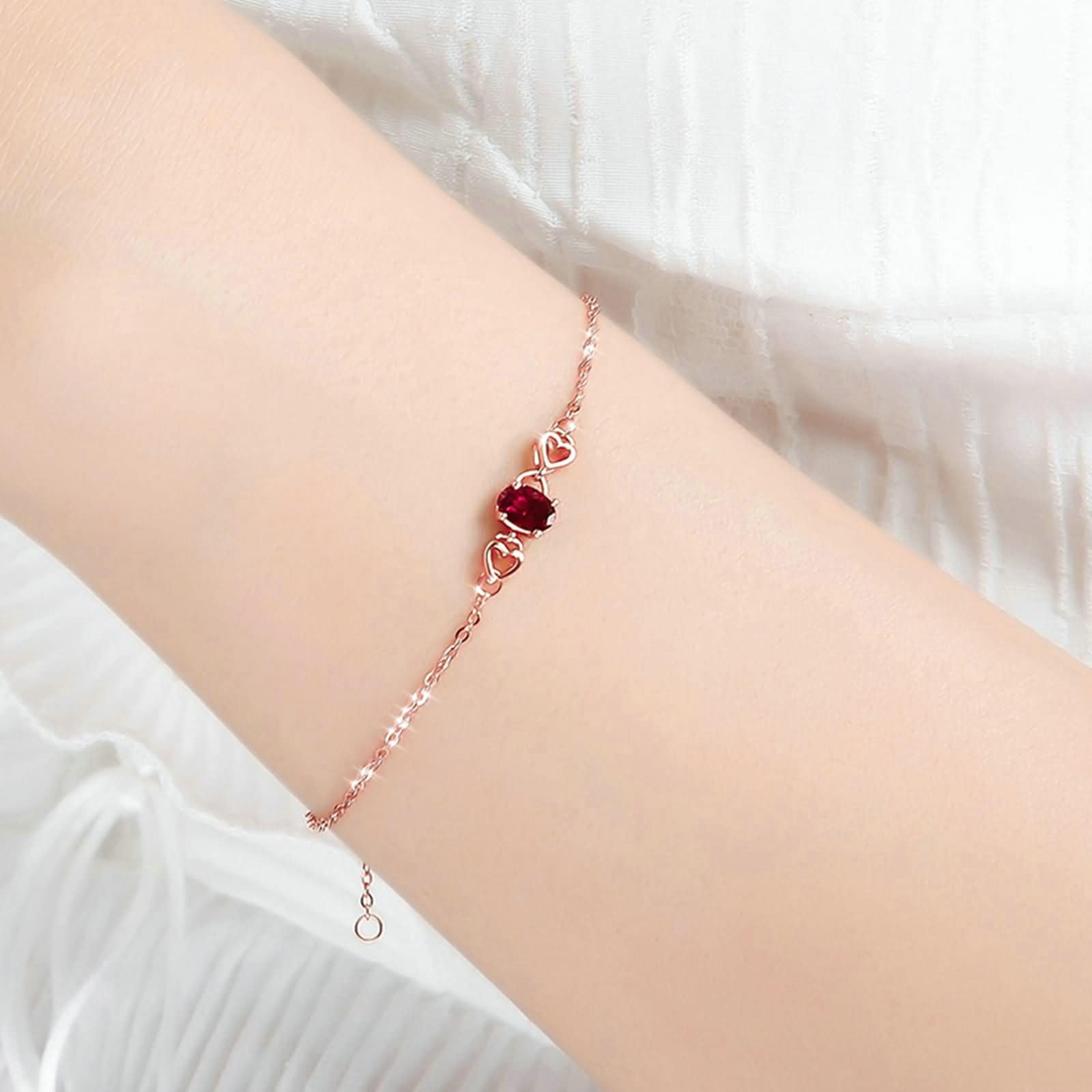 Pulsera para Mujer de Oro Rosa 9 Kilates / 14 Kilates / 18 Kilates, Corazón Hueco y Oval con Turmalina, Cadena Extensible 16 CM + 5 CM, Pulsera Mujer Ajustable de Oro Rosa