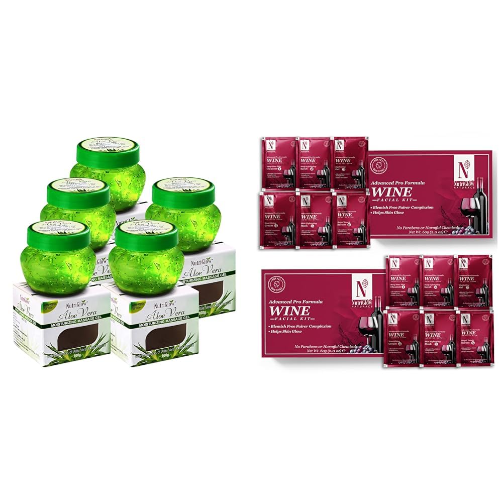 NutriGlowAloe Vera Gel Great for Face, Hair, Acne, Sunburn, Bug Bites, Rashes, Glowing and Radiant Skin, Pack of 5NATURAL'S Advanced Pro Formula Wine Facial Cleanup Kit 60 gm (Pack of 2)