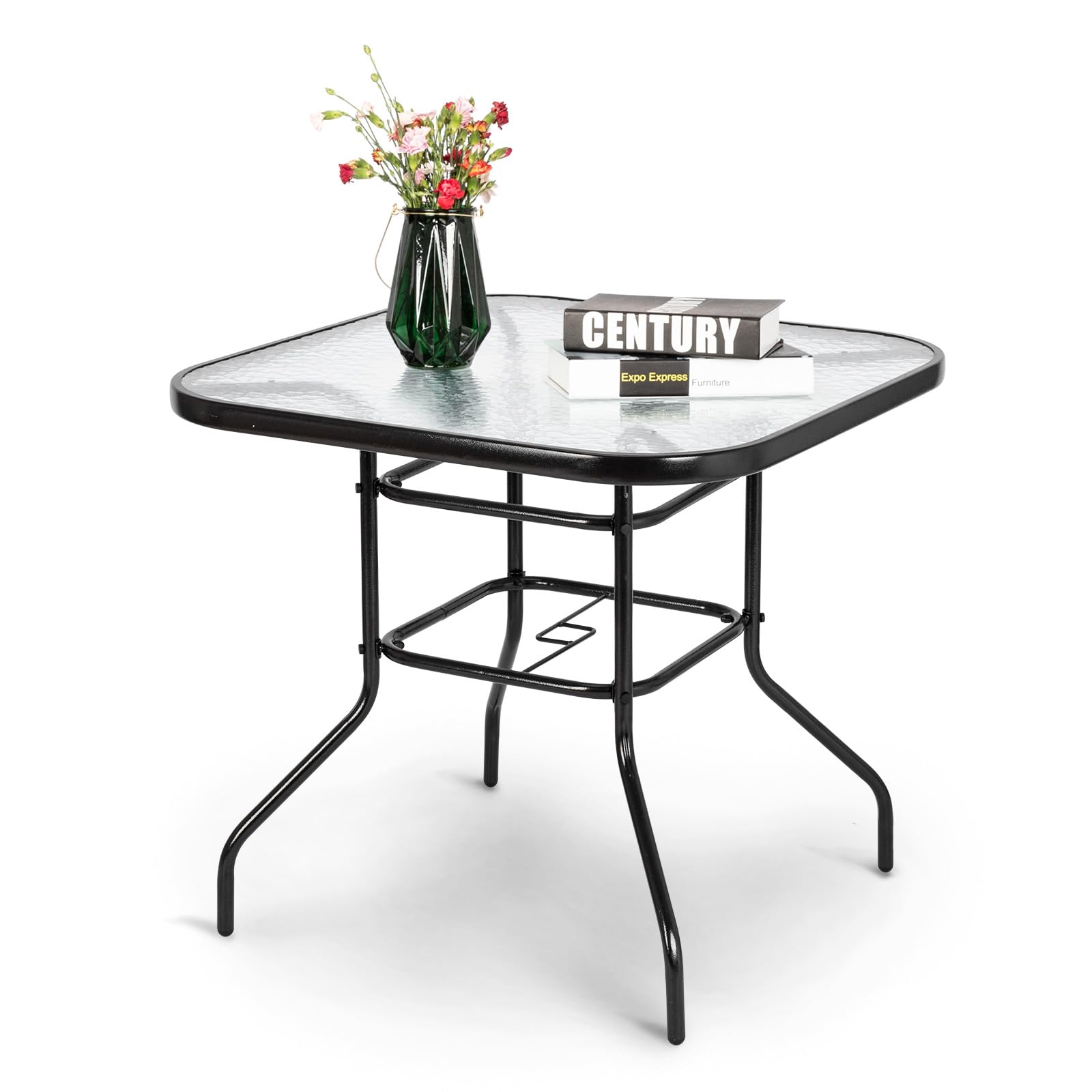 VINGLI Glass Patio Table with Umbrella Hole, 32" Square Outdoor Dining Table Steel Tempered Glass Patio Table Outdoor Table for Balcony Garden Deck