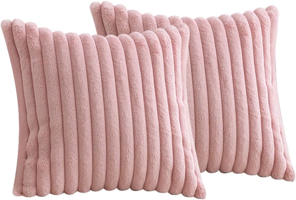 FDEETY Lot de 2 Housses de Coussin en Peluche en Fausse Fourrure Décorative Douce à Rayures moelleuses pour Coussin de Chambre à Coucher de canapé 45 x 45...