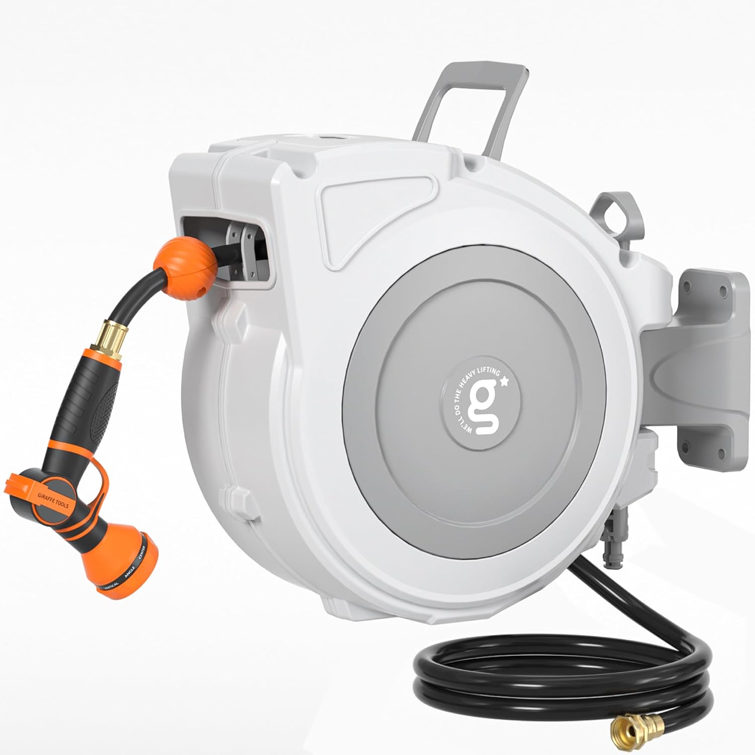 Giraffe Tools Retractable Hose Reel 1/2" x 65 ft Heavy Duty Water Hose Reel, Swivel Bracket, Any Length Lock, with 9-Function Sprayer Nozzle 65FT