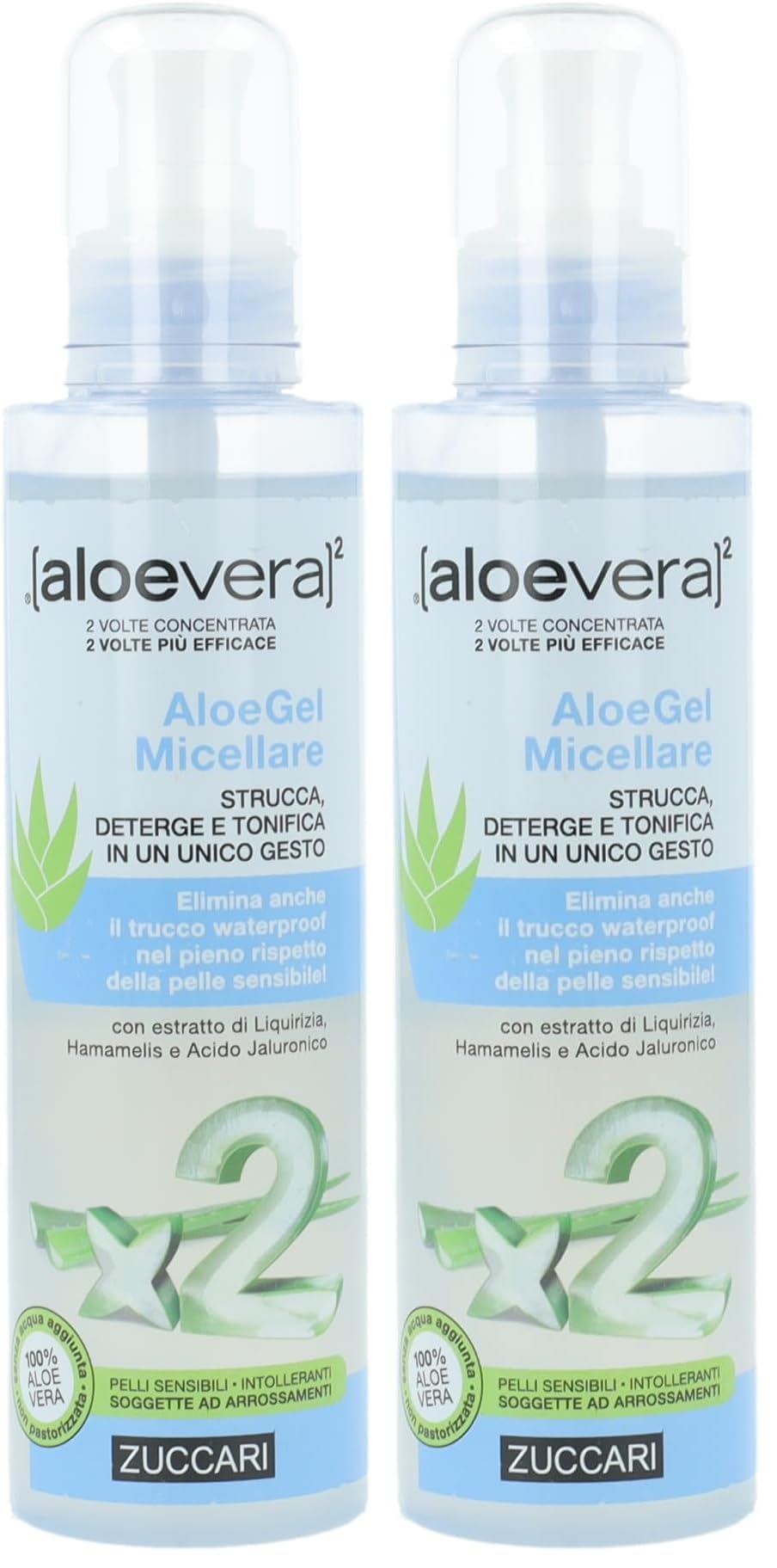 Zuccari Aloevera2 Aloegel Micellare 200ml – Gel micellare 3 in 1 con Aloe Vera, Acido Jaluronico da Aloe e Liquirizia, deterge, strucca e tonifica, ideale per pelli sensibili (Confezione da 2)