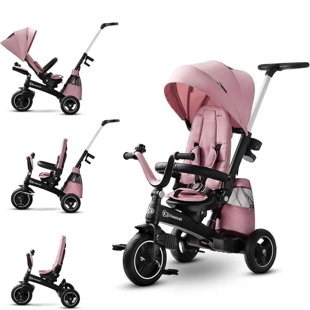 Kinderkraft Rowerek trójkołowy 5w1 EASYTWIST, Trójkołowiec, Spacerówka, Obrotowe siedzisko 360, Wodoodporny, Regulowany daszek z filtrem UPF 50+, Regulacja oparcia, Wolne koło, Akcesoria, Różowy