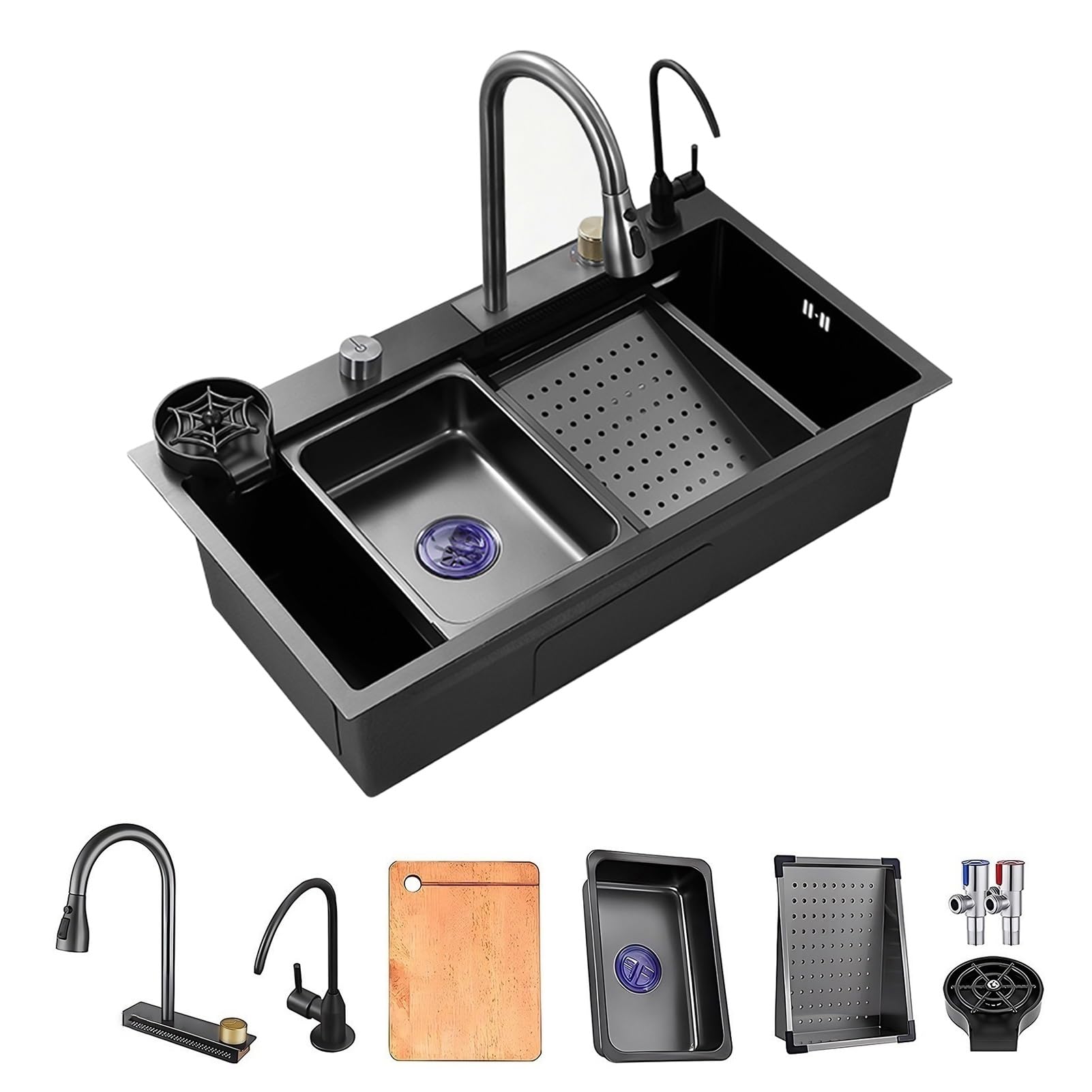 WIQUYBML Single Bowl Waterfall Kitchen Sink With Pull Out Faucet, Cup Washer, Drinking Faucet & Drain Knob, 304 Stainless Steel Rv Bar Sink, Black Grey Large Workstation (Size : 80x45x21cm)