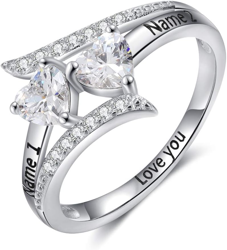 Personalized Love Heart Promise Rings for Her Couples Engagement Name Ring for Women Mothers Ring with Cubic Zirconia Simulated Birthstones