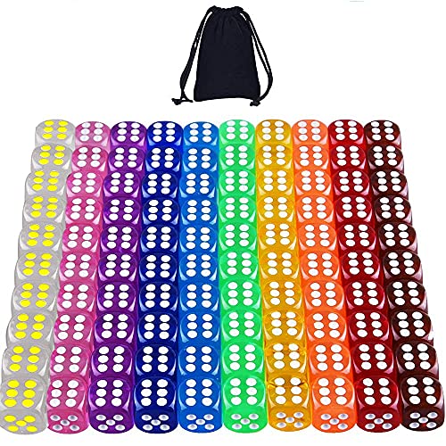 [100 Pieces] 6 Sided Dice Set 10 Colors 16mm Transparent Acrylic Dice with Free a Velvet Pouch for DND, MTG, RPG, Tenzi, Yahtze, Bunco, Table Borad Games, Math Teaching
