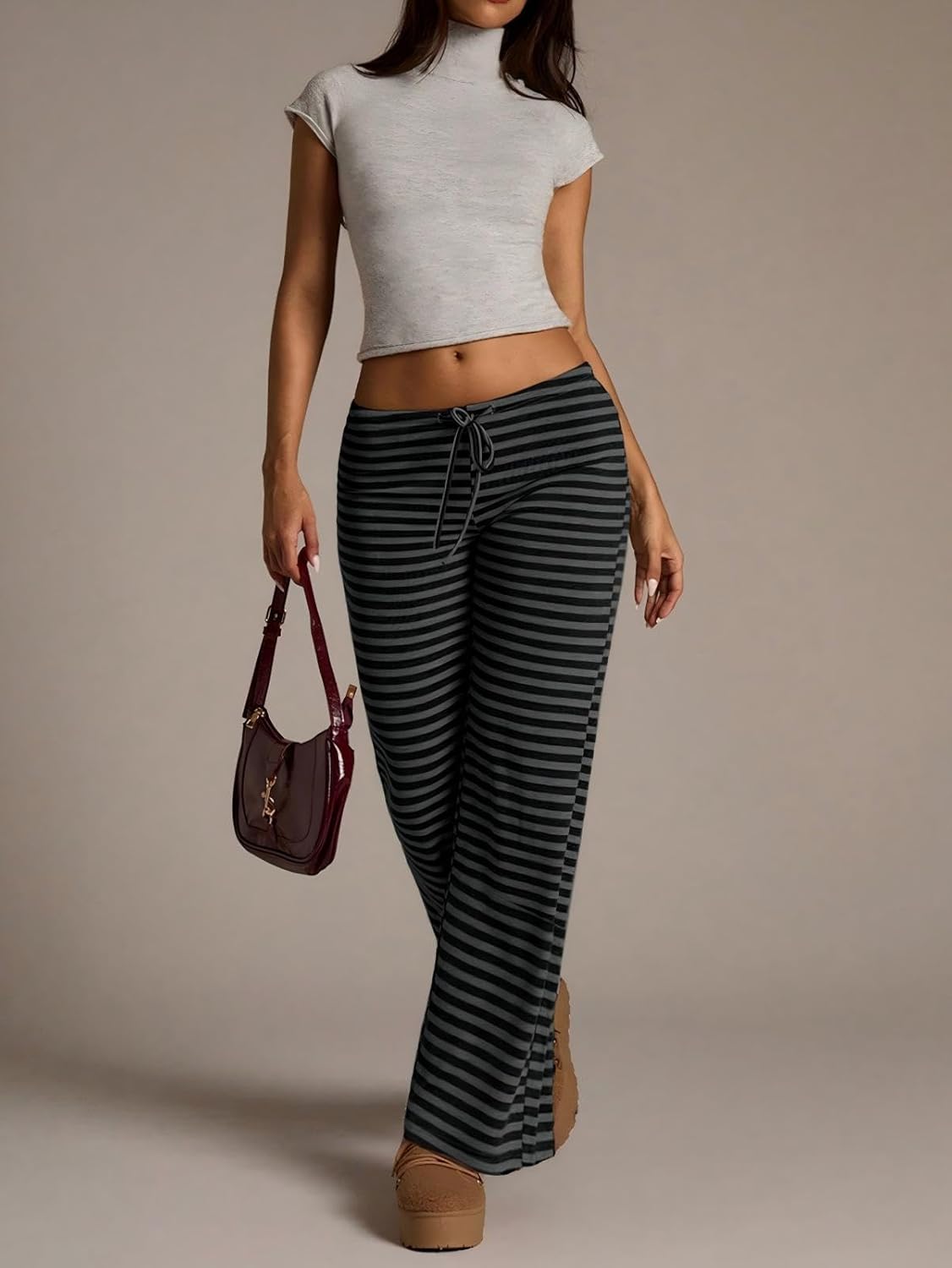 Women's Flared Knit Pants High Waisted Wide Leg Striped Lounge Bottoms Soft Stretchy - Image 5