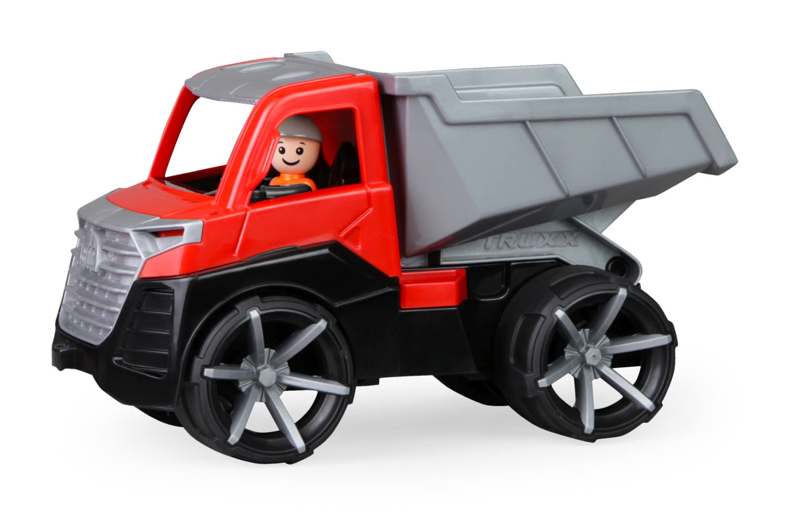 Lena 04510 TRUXX² Dump Truck, Construction Site Vehicle, Approx. 28 cm, Dump Truck with Fully Movable Toy Figure, Robust Dump Truck, Tiltable, for Children from 2 Years, Toy Vehicle, Red/Grey
