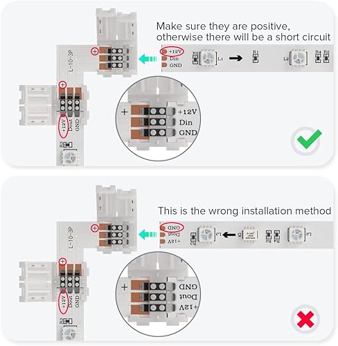 Miniatura 6 de BTF-LIGHTING 10 juegos 3PIN 0.394 in 0.39in ancho ángulo recto L forma de conector de esquina sin soldadura para WS2811 WS2812B SK6812 tira LED sin