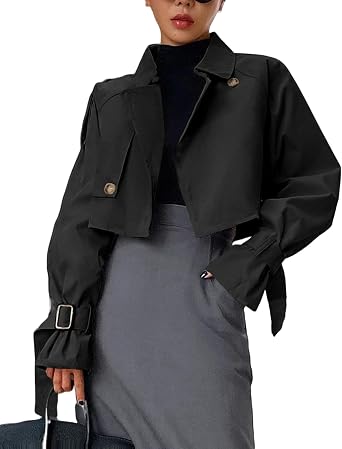 Kedera Womens Cropped Trench Coat Long Sleeve Casual Jacket Classic Double-Breasted Lapel Overcoat Fashion Outerwear