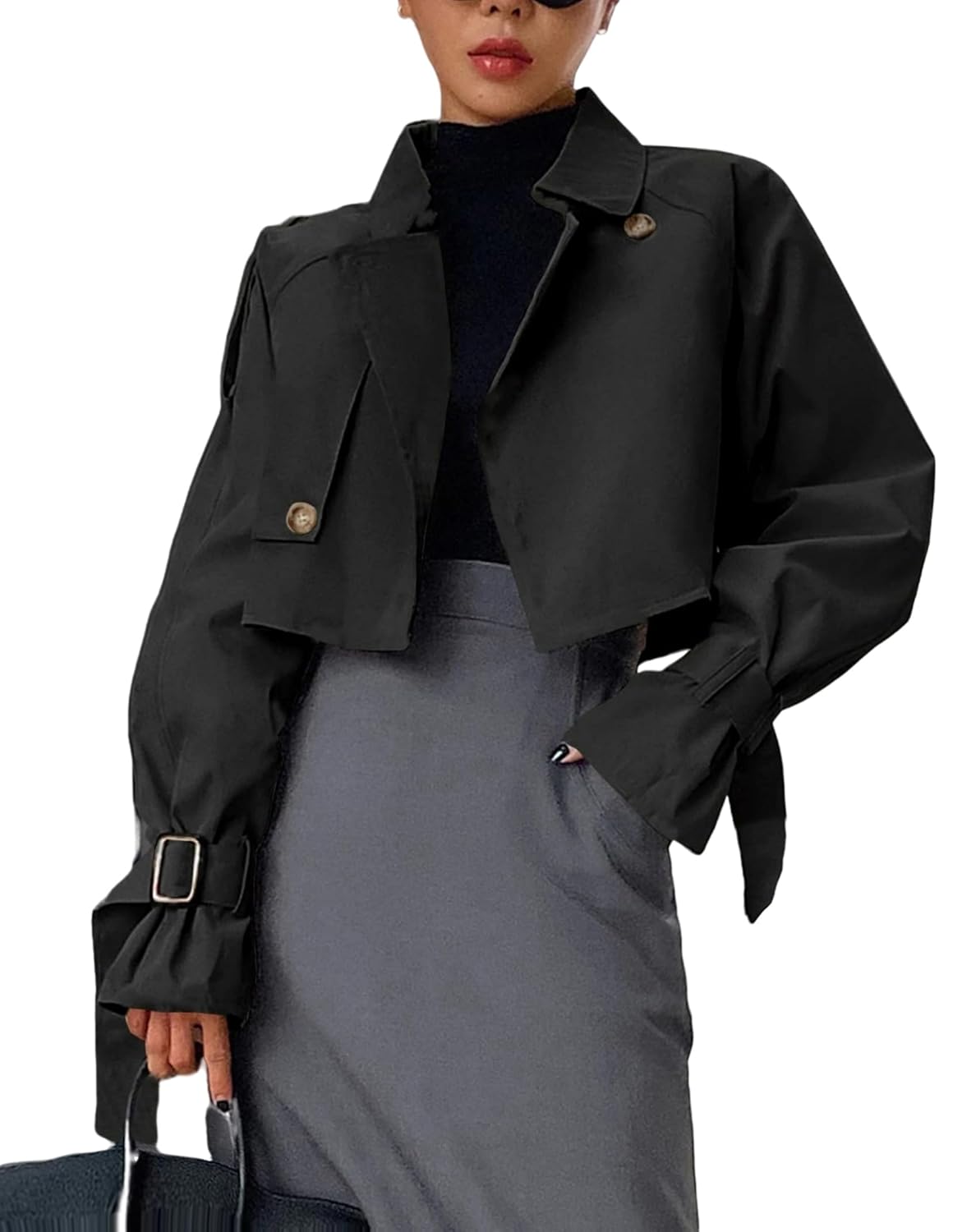 Kedera Womens Cropped Trench Coat Long Sleeve Casual Jacket Classic Double-Breasted Lapel Overcoat Fashion Outerwear