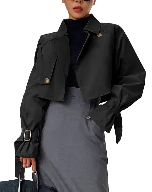Kedera Womens Cropped Trench Coat Long Sleeve Casual Jacket Classic Double-Breasted Lapel Overcoat Fashion Outerwear