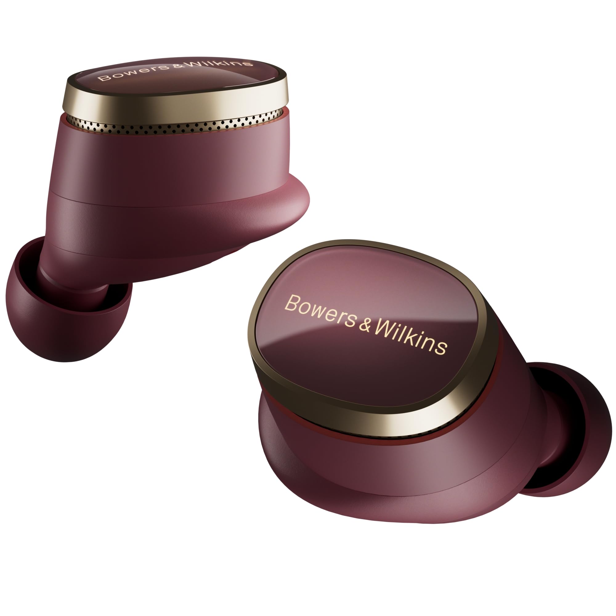 dark burgundy wireless earbuds by bowers wilkins with active noise cancellation