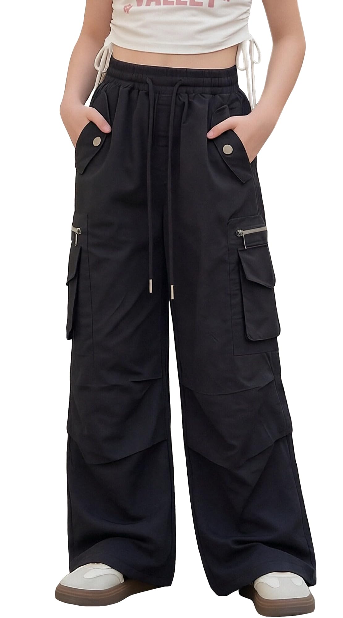 Maeau Meau - Pantalones cargo para niñas, cintura elástica alta, con cordón, pantalones holgados con múltiples bolsillos, ropa de calle casual, pantalones cargo de secado rápido para deportes casuales
