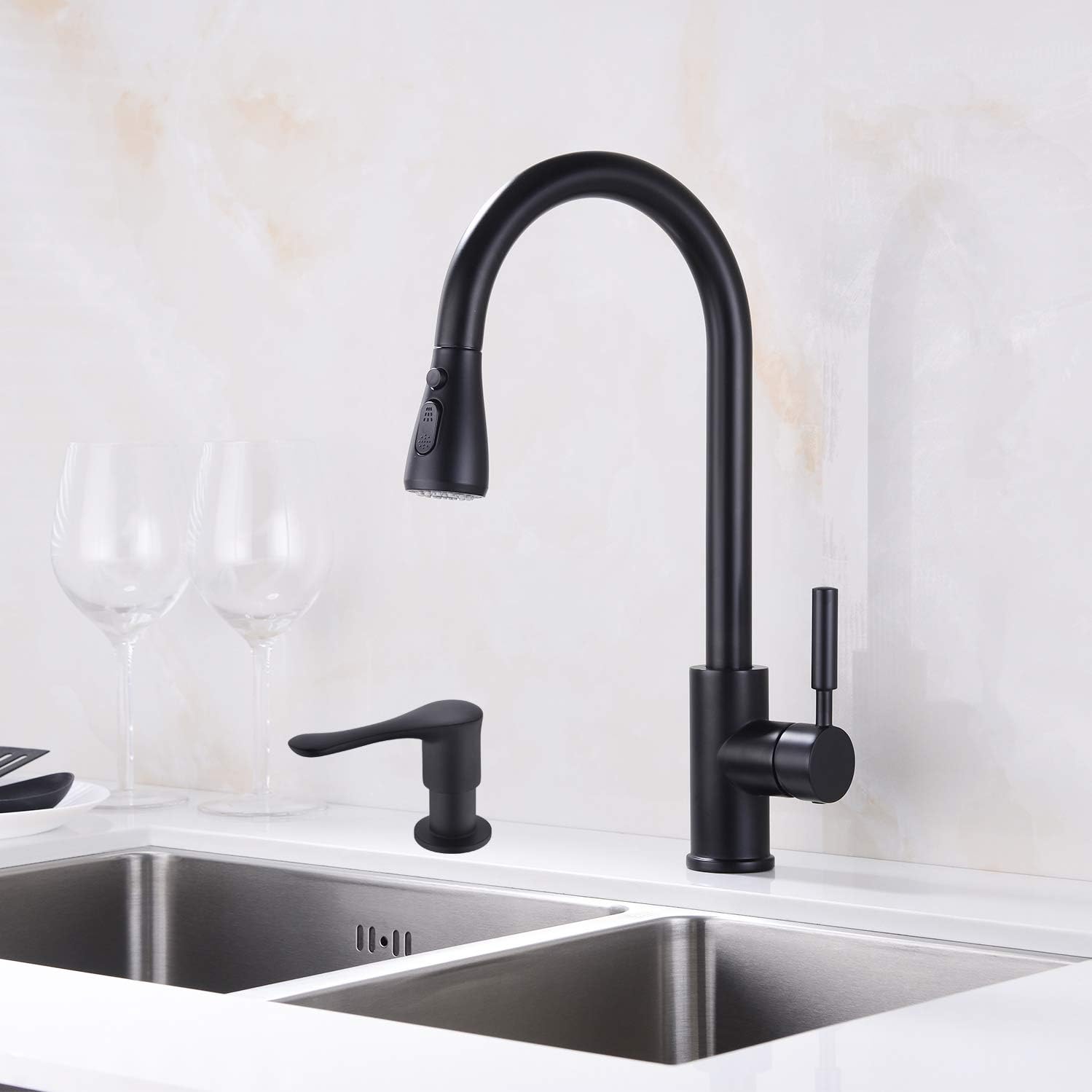 Kitchen Sink Soap Dispenser, Black Built-in Sink Dispenser with Solid Brass Pump Head, Spot Resist Stainless, Refillable Bottle for Dish Soap & Lotion