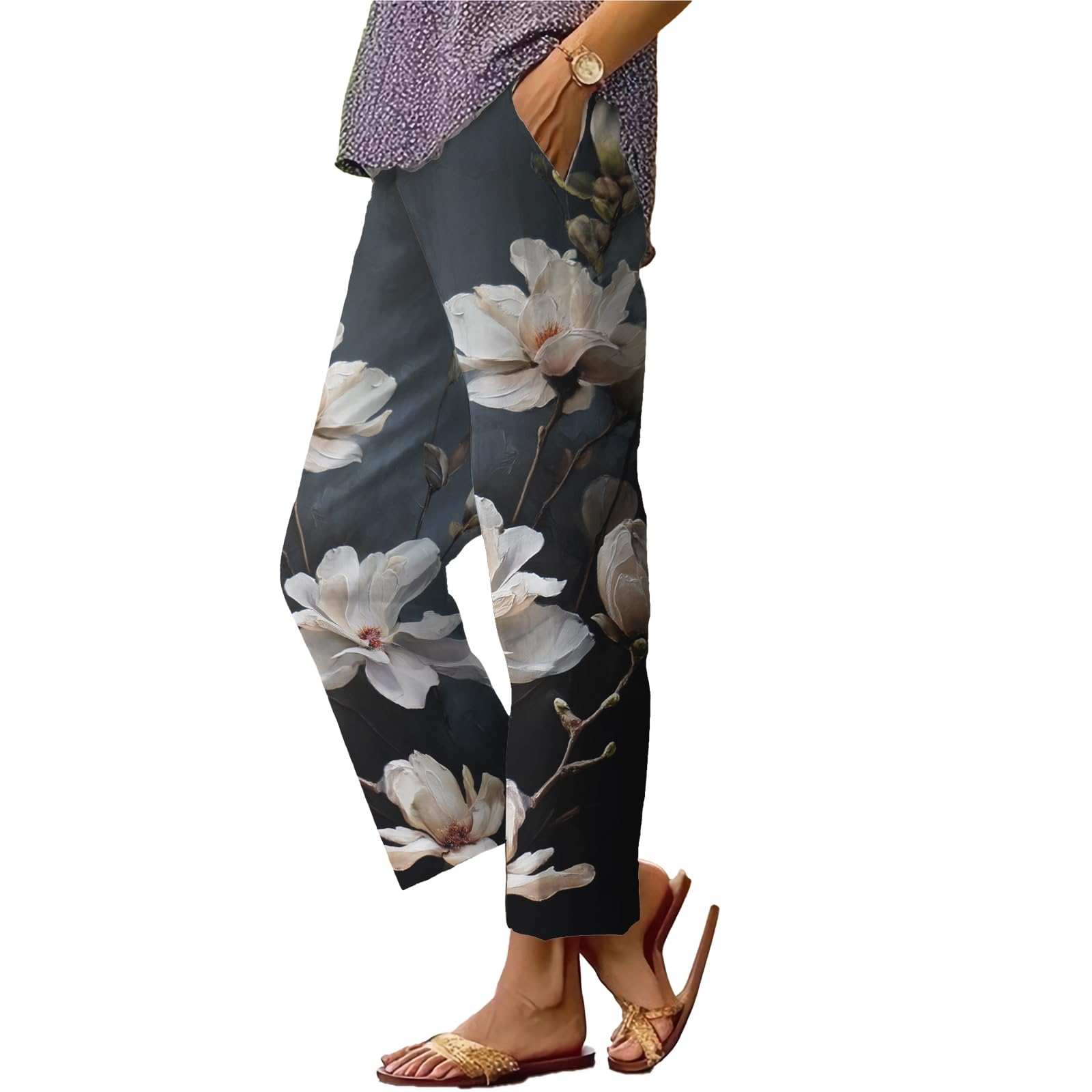 Womens Floral Pants Summer Fashion Casual Trousers Lightweight Elastic Waist Pants Comfy Daily Clothing