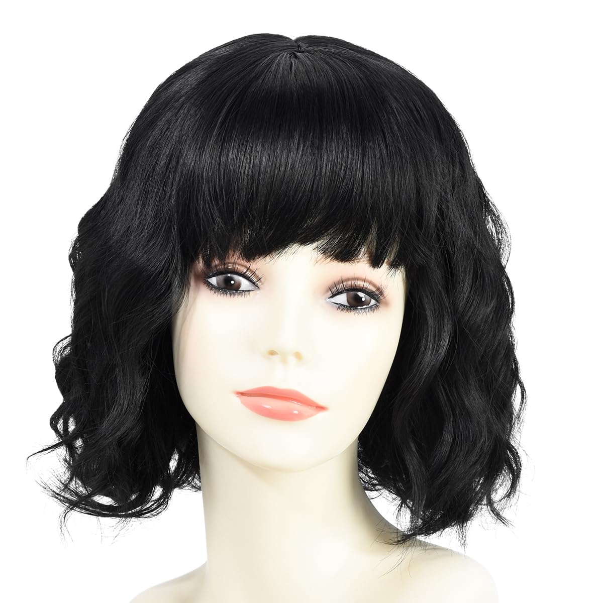 BUYOGET Wavy Bob Wig with Bangs Synthetic Hair Shoulder Length 12 Inch Short Curly Wigs for Women Natural Black - Image 2