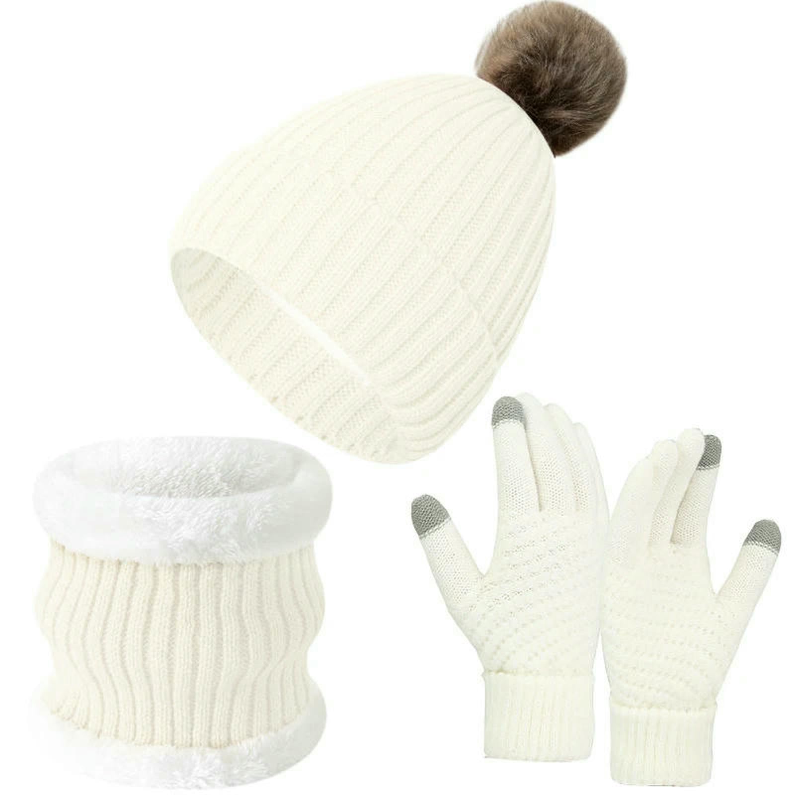 Mütze,Schal & Handschuh-Sets 3-teiliges Strickmützen-Set Für Den Winter, Mit Großen Pompons Wärme Und Dickem Fleece, Geeignet Männer Frauen-grau