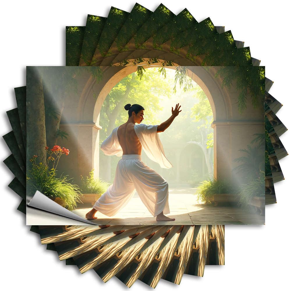 Sticker Unique, Narrow Helmet A Man Practices Martial Arts in A Serene Garden. | Farm(8X12CM)