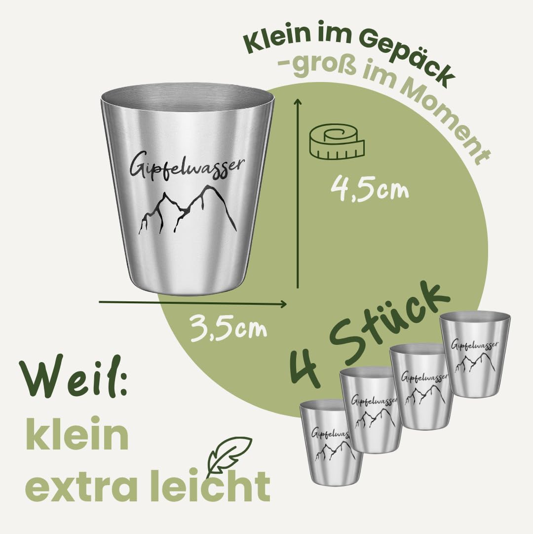 Gipfelgaudi Gipfelwasser Stamperl inkl. Etui I 4 Stamperl im Lederetui mit Karabiner I Federleichte Stamperl aus rostfreiem Edelstahl
