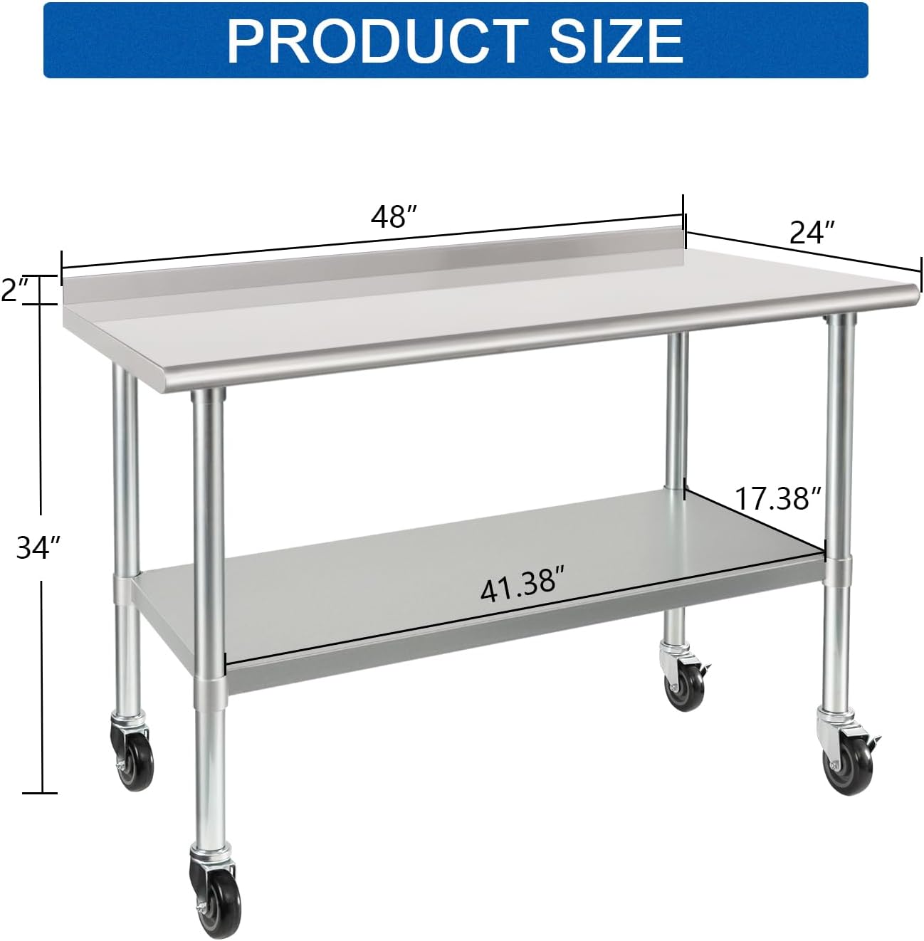 HARDURA Stainless Steel Table 24 x 48 Inches with Wheels Casters NSF Heavy Duty Commercial Prep Table with 2” Backsplash and Adjustable Undershelf for Restaurant Kitchen Home and Hotel