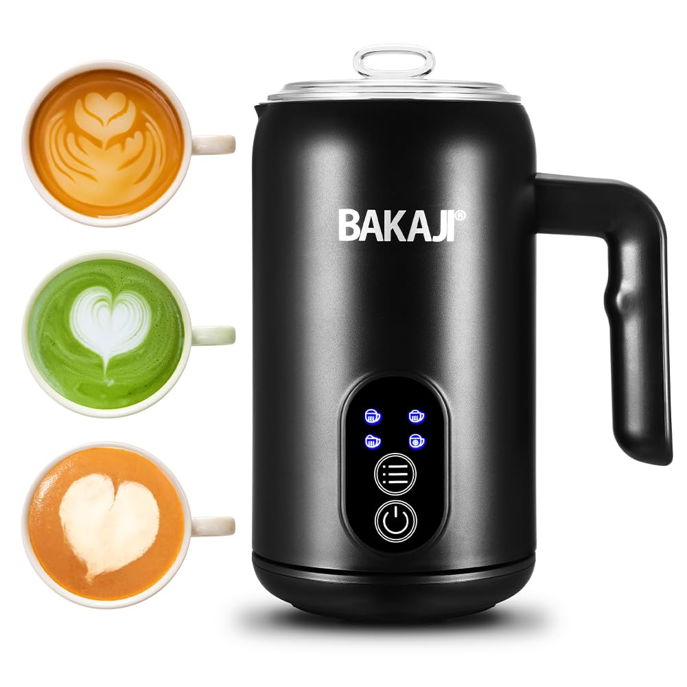 BAKAJI Espumador de leche eléctrico 4 en 1, Cappuccinatore automático, 350 ml, espumador para espuma de leche, funcionamiento silencioso, ideal capuchino caliente o frío, café manchado, acero
