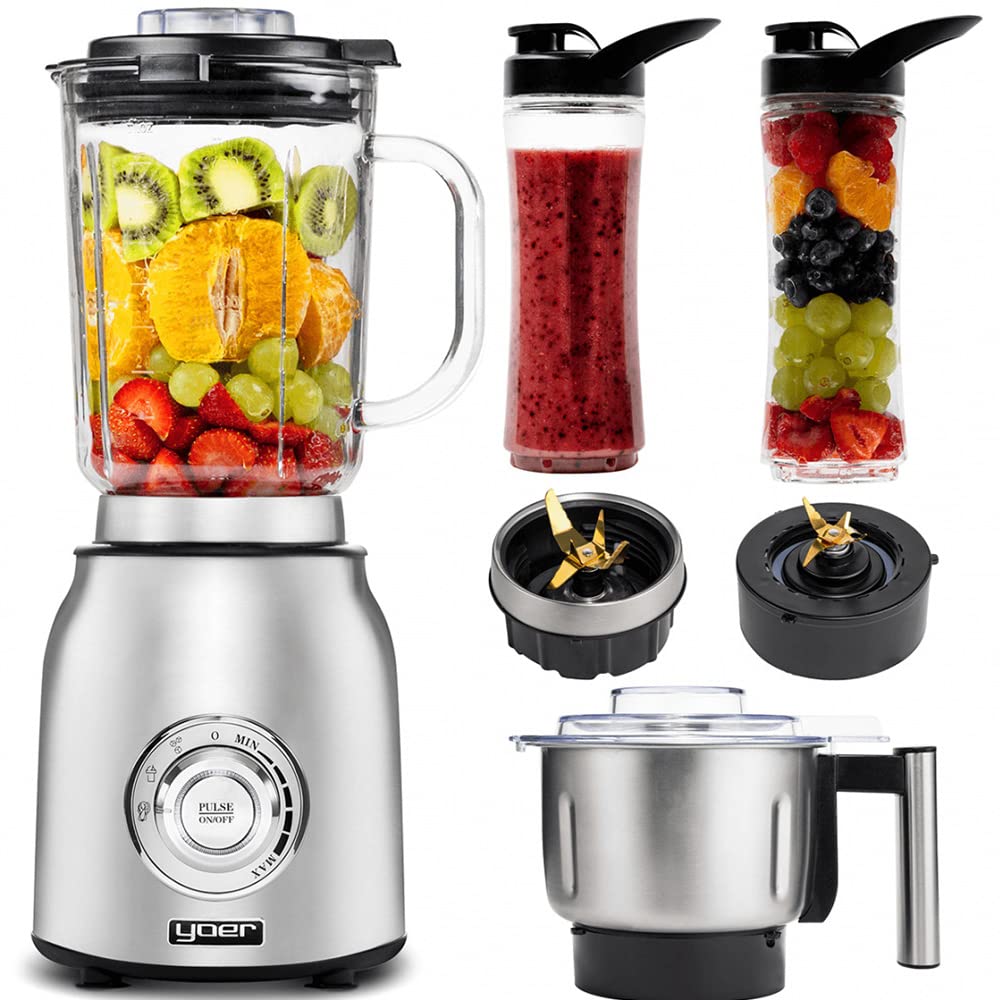 Yoer Titano JB03S, Blender Kielichowy 4w1, młynek do kawy i ziół, mikser do przyrządzania smoothie i koktajli, tytanowe ostrza, wielofunkcyjny, stołowy, stojący, srebrny