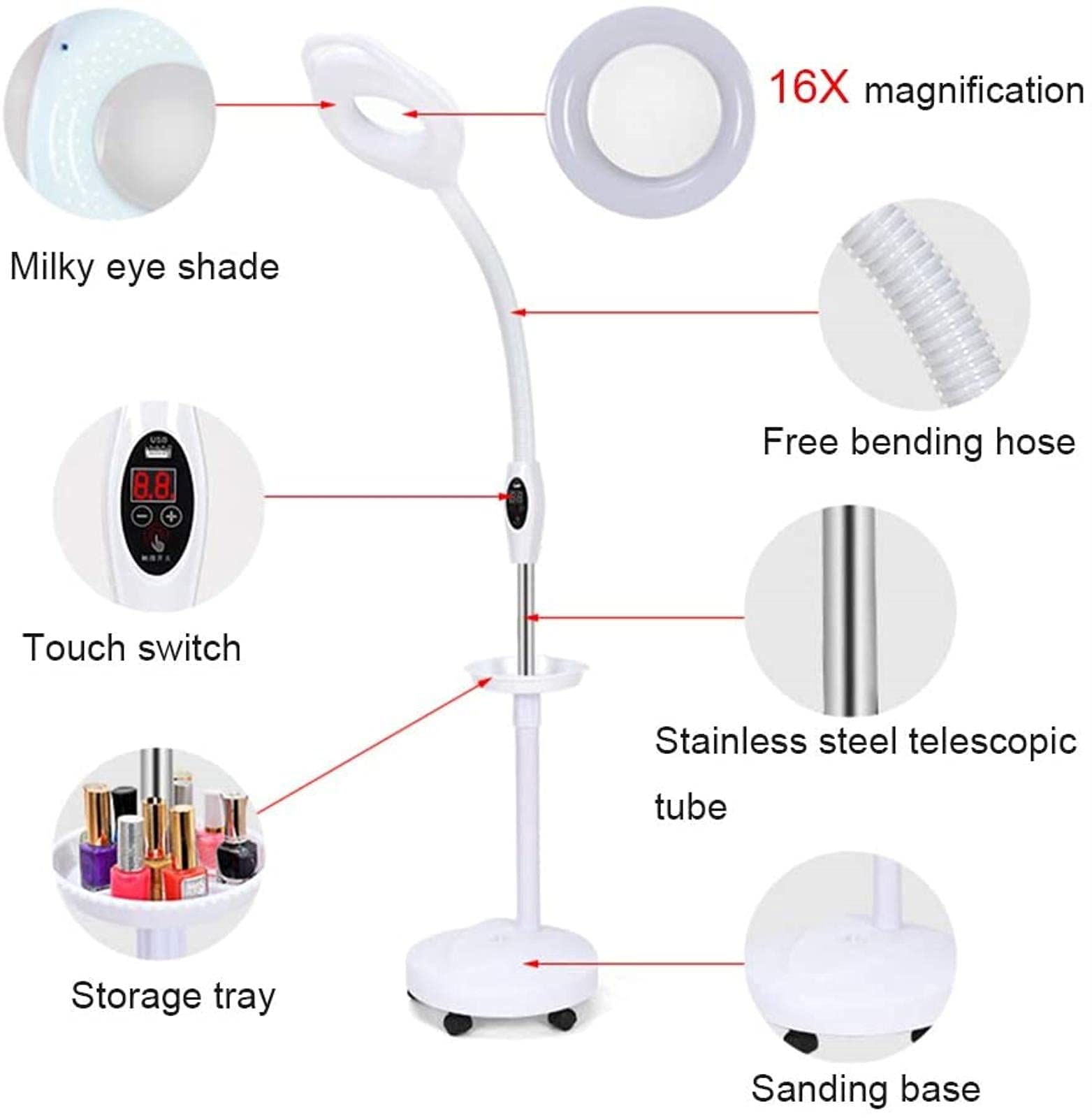 Lampada da terra a LED con ingrandimento, lente d'ingrandimento luminosa a luce diurna in vetro illuminato 16X lente d'ingrandimento con supporto, flessibile regolabile in altezza luce fredd