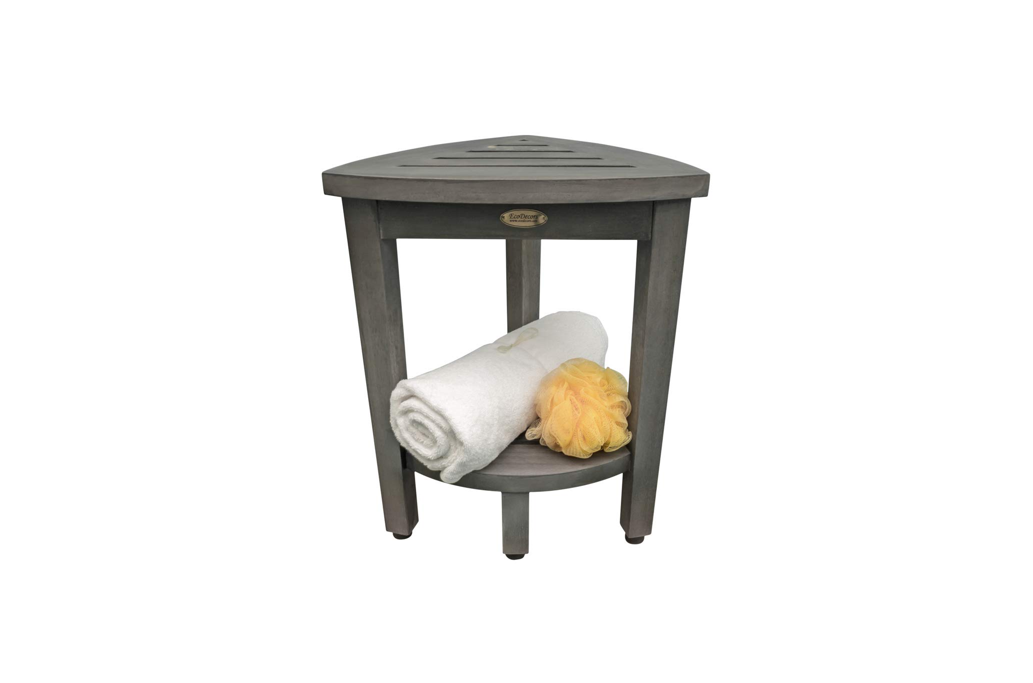 CoastalVogue Flexi Corner - Taburete de esquina de teca para ducha de madera, asiento de ducha de esquina con estante, taburete de esquina de 15 pulgadas en acabado gris antiguo