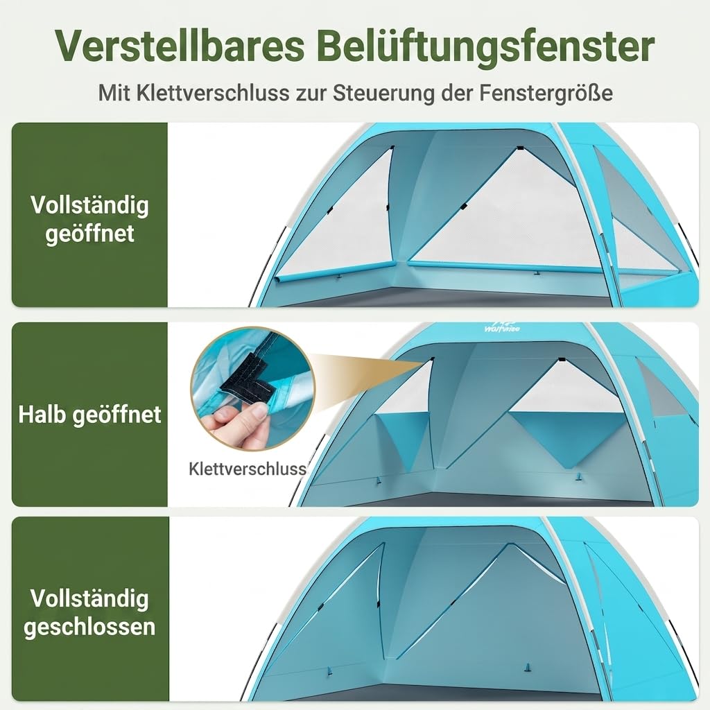 Wolfwise Strandmuschel UV Schutz, 3 Belüftungsfenster & Tragetasche, Strand Zelt mit erweiterbarem Boden für Privatsphäre, 3 Personen, 220x150x122cm(87 ''x59''x48''), Blau