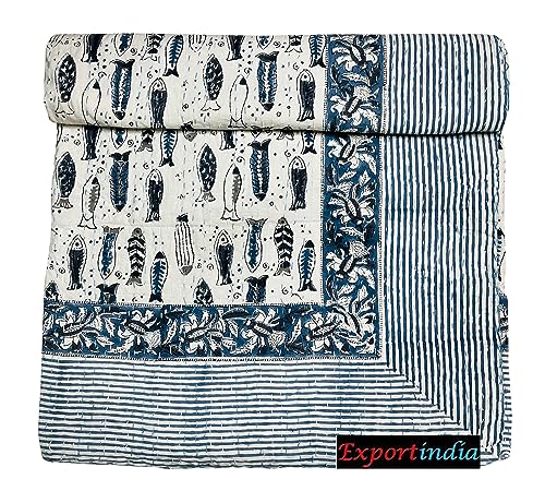 Exportindia New Indian Hand Block Print 100% Cotton Kantha Quilt Jaipuri Fish Print King/Queen Size 90x108 Inch
