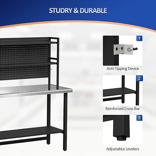 Miniatura 7 de ROVSUN Mesas de acero inoxidable de 48 x 24 pulgadas con estantes ajustables de 2 niveles, mesas de trabajo de preparación de cocina comercial con