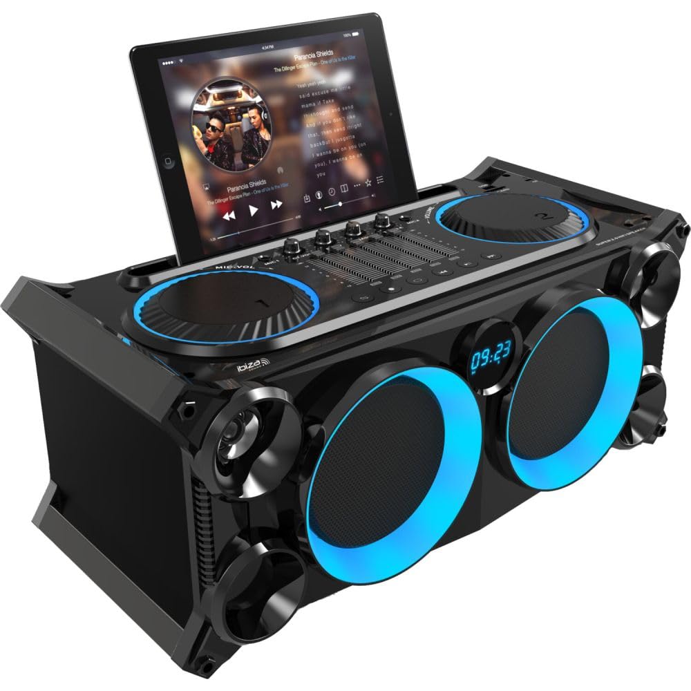 Ibiza - SPLBOX200-BK - Sistema audio portatile all-in-one da 120 W alimentato a batteria con LED sugli altoparlanti - Bluetooth, USB, SD, FM e LINE-IN - Nero