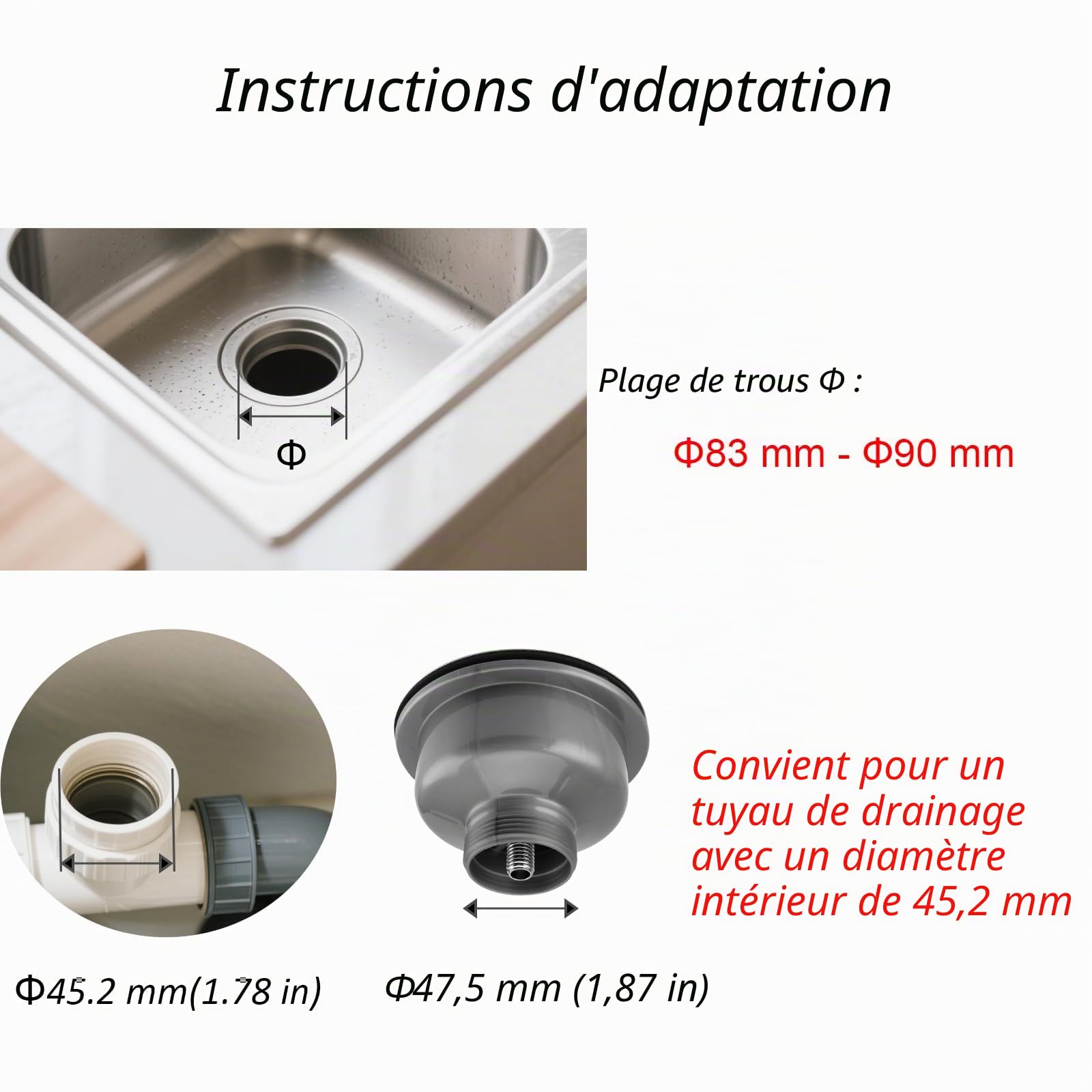 FUNSUEI Kit de vidage d'évier de cuisine avec trop-plein (lot de 2) – Filtre à panier en acier inoxydable de 114 mm pour lavabos de comptoir, compatible avec trous de vidange de 83 à 90 mm