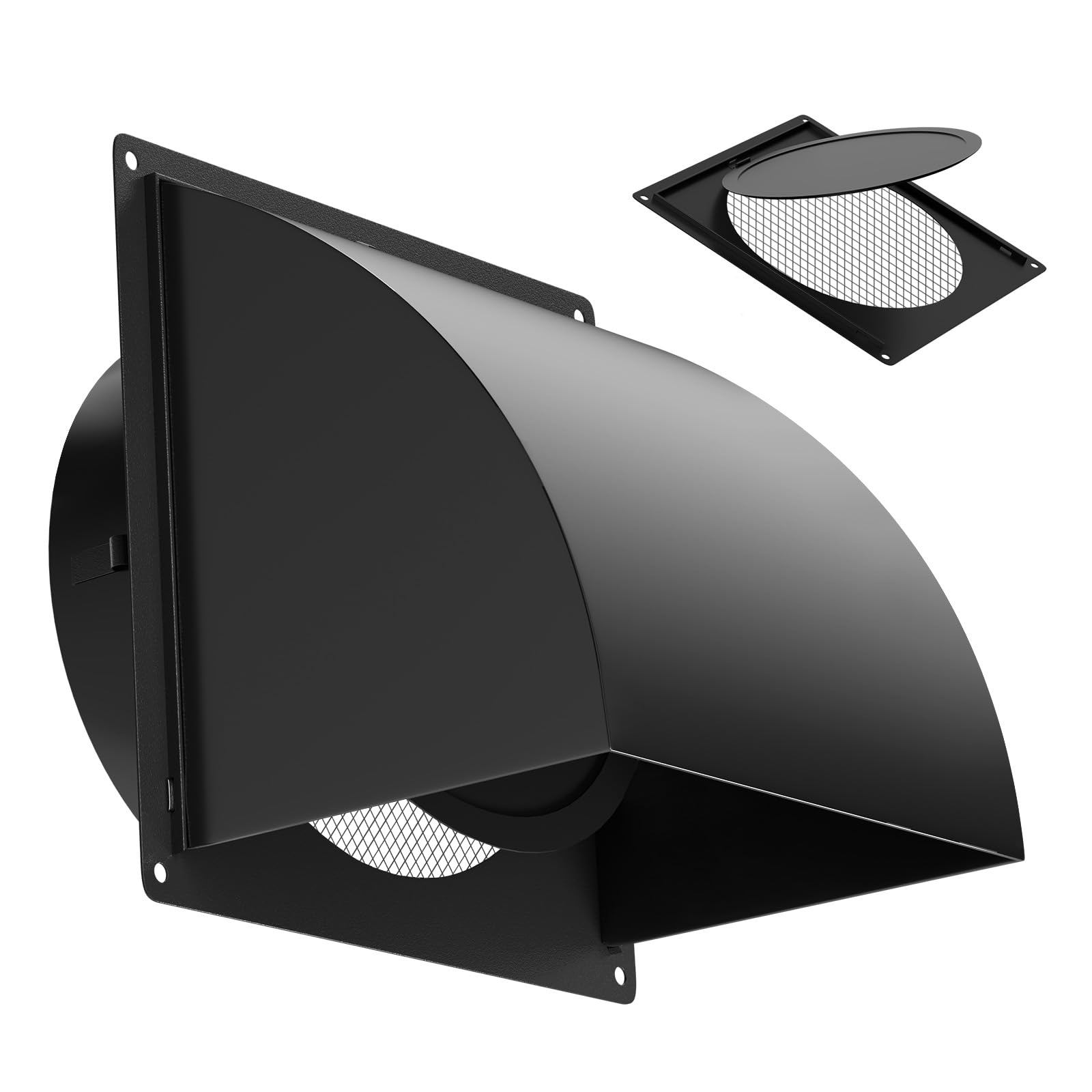 4 Inch Metal Dryer Vent Cover Outside, Heavy Duty Iron Exhaust Hood with Internal Damper, Detachable Cover & Fixed Mesh Screen for Dryer, Kitchen, HVAC, Black