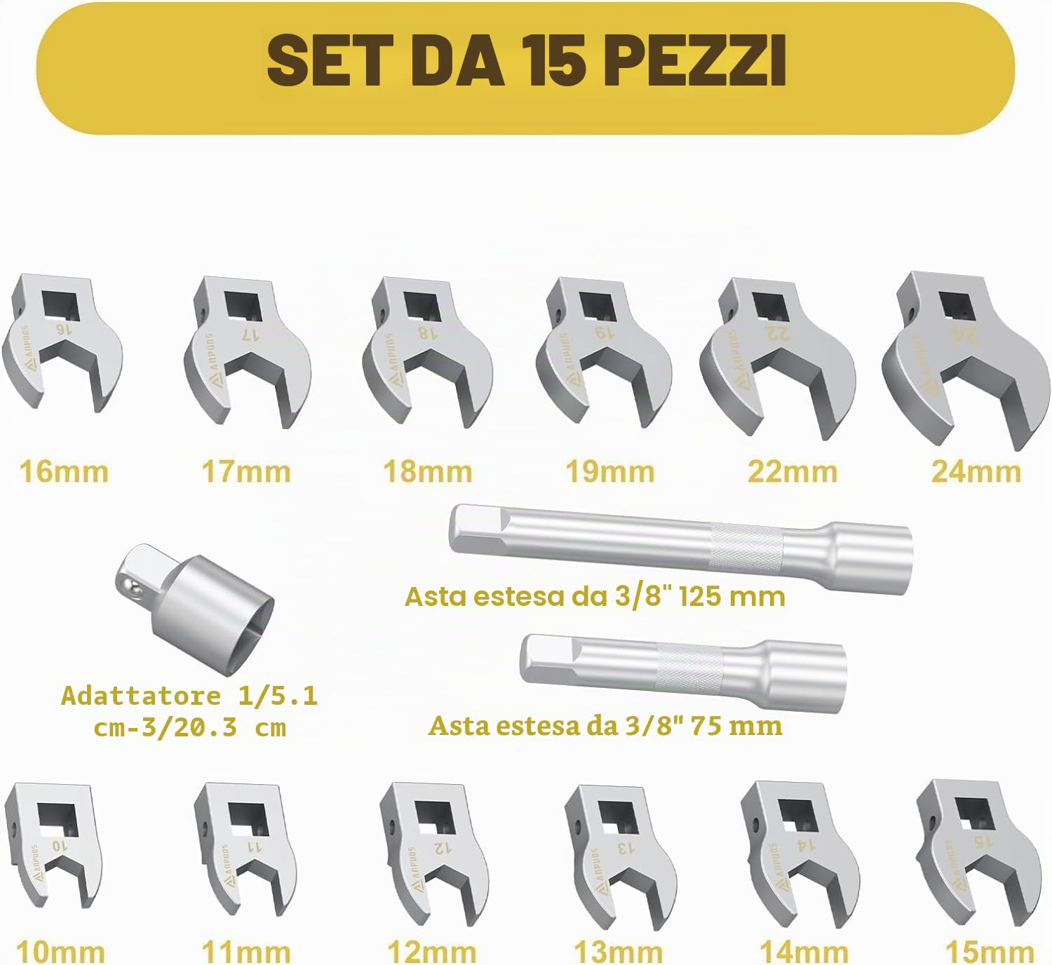 ANPUDS Chiave a brugola 3/8", 15 Pezzi Set di Chiave a Forcella con Coppia Metriche con Barre di Prolunga da 75/125 mm, Adattatore 1/2''-3/8'', Scatola Portatile per Riporre