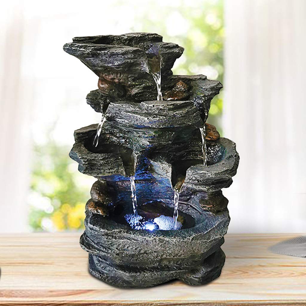 4-Tier Cascading Fontaine d'eau avec Tabletop LED Lights - Intérieur/extérieur Fontaine d'eau Décor Petite fontaine détente Tabletop Cascade