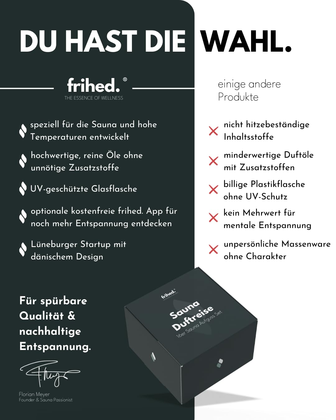 frihed.® Saunaaufguss Duftreise Probierpaket - Hochkonzentrierte Öle - 16x verschiedene Düfte - Geschenkset Sauna - 10ml Glasflaschen - Made in Lüneburg