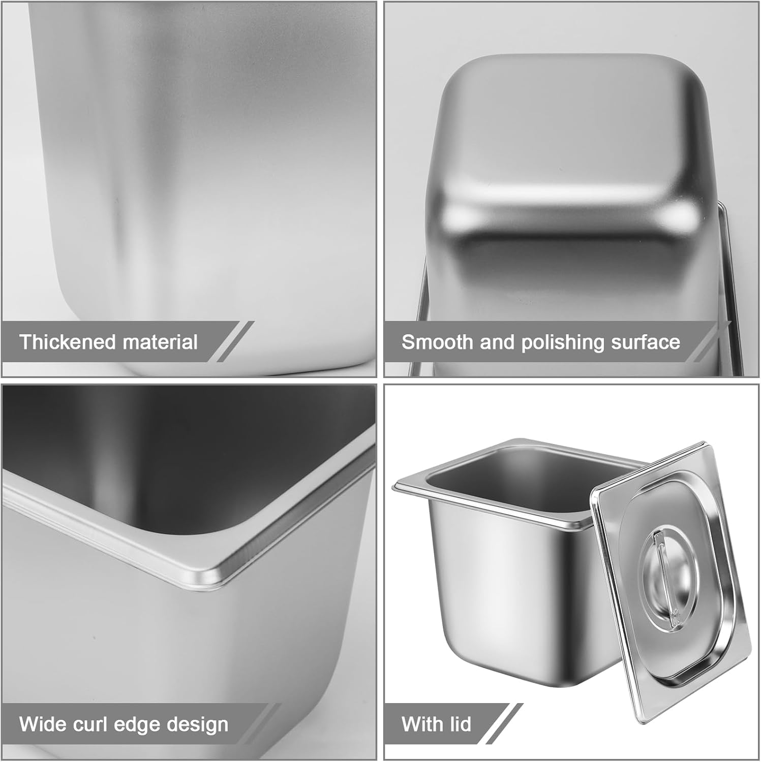 Lot de 6 Pans Gastro en Acier Inoxydable avec Couvercles, Pans de Table à Vapeur 15cm de Profondeur, Contenants Alimentaires Anti-Jam pour Service de Restauration, Buffet, Restaurant, Hôtel Taille 1/6