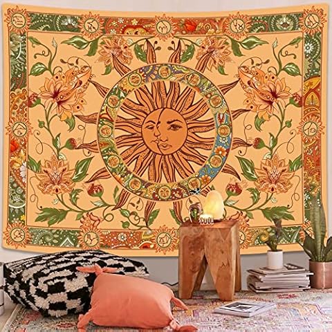 Kanuyee Yellow Sun and Moon Tapestry Vintage Indie Boho Tapestry Wall Hanging with Sunflowers Butterfly Moth Constellation Aesthetic Wall Tapestries for Room Decor (60''high × 80''wide) Cover