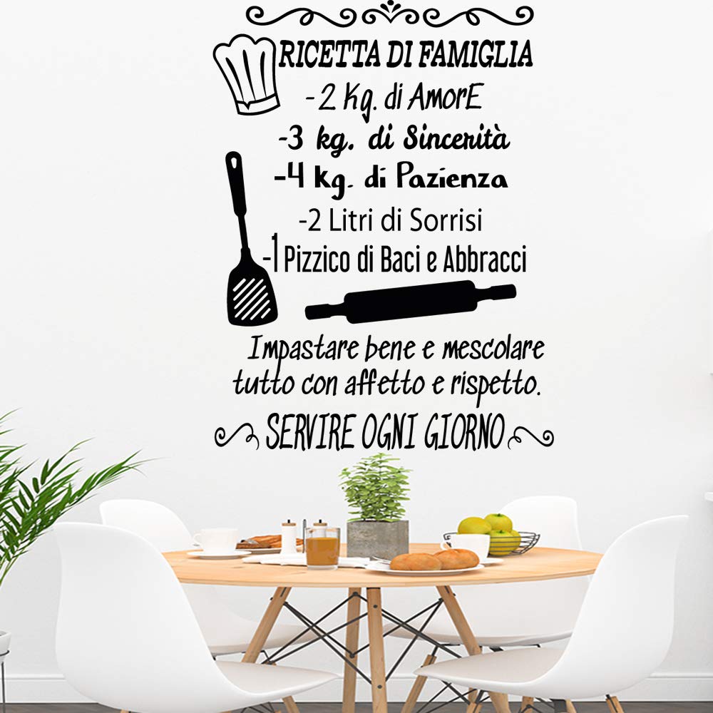 Adesivo da parete in vinile con frase in italiano "RICETTA DI FAMIGLIA" adesivi murali frasi in italiano citazione, decorazione da parete, Wall Stickers, Art Sticker Decal Mural DC-19004