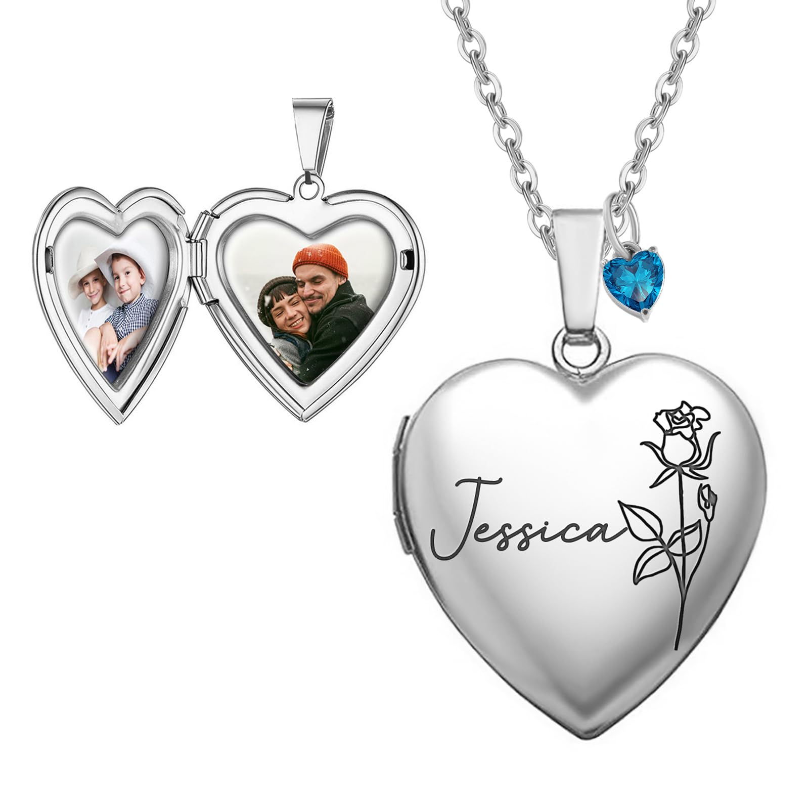 Personalized Heart Locket Necklace Customize Photo 925 Sterling Silver Picture Locket Necklace for Women Girls kids Engraved Birth Flower and Text