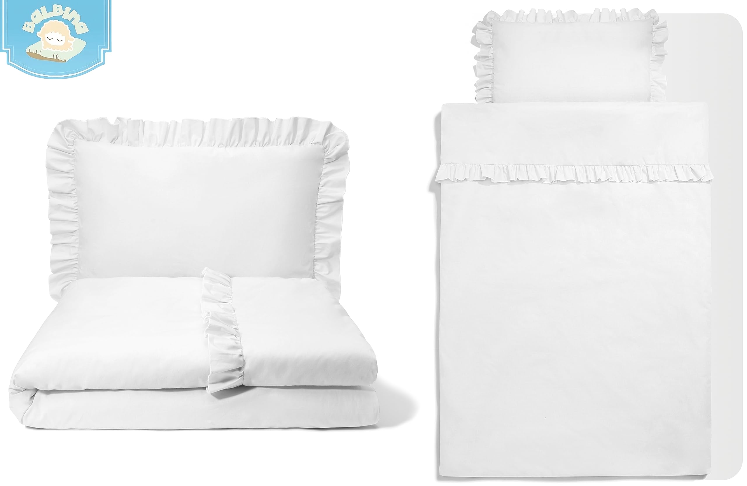 balbina Biancheria da letto per bambini, in cotone, 2 pezzi, con volant e cerniera, copripiumino 100 x 135 cm e federa 60 x 40 cm, colore: bianco
