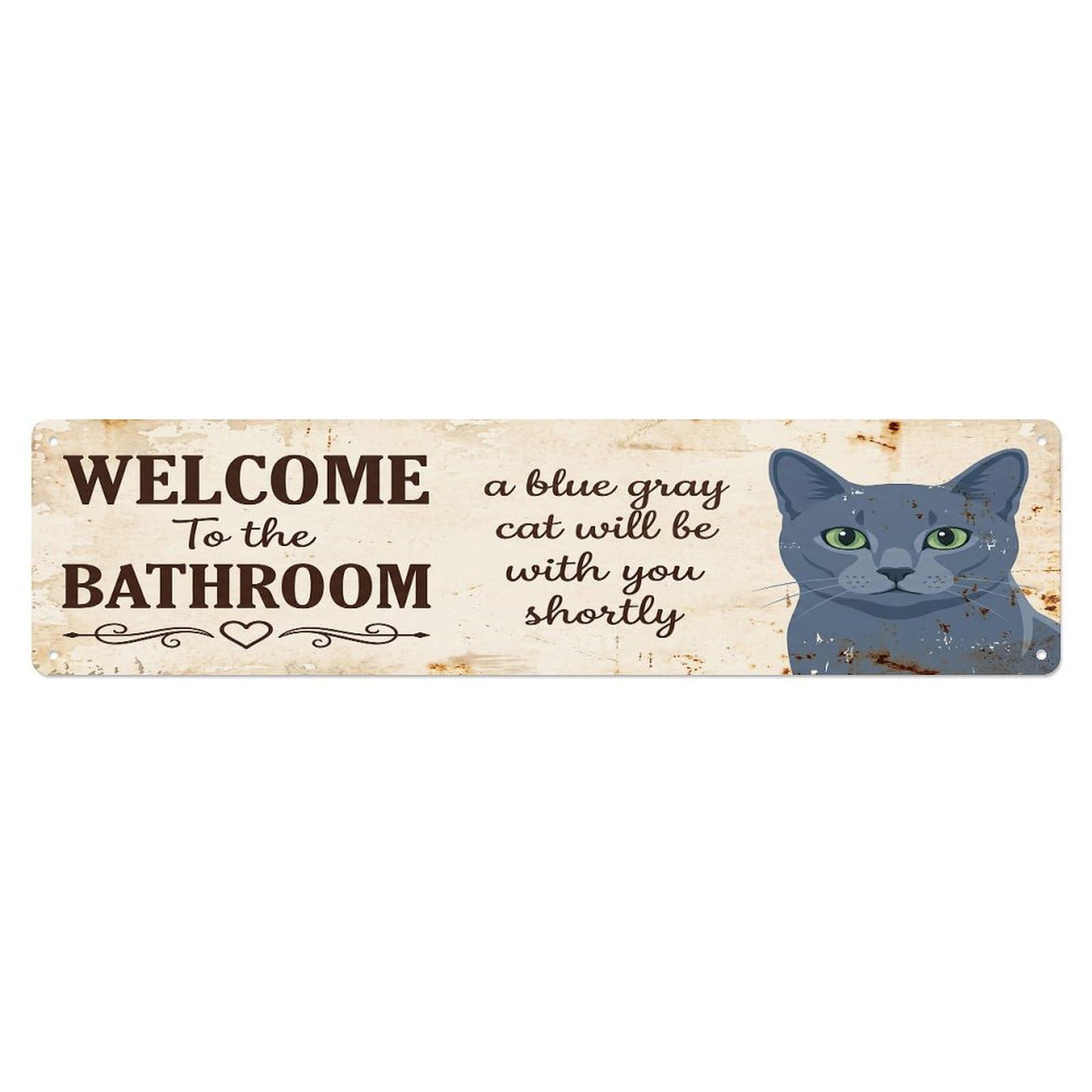 Vintage WELCOME To The BATHROOM Blue Gray Cat Metal Tin Sign